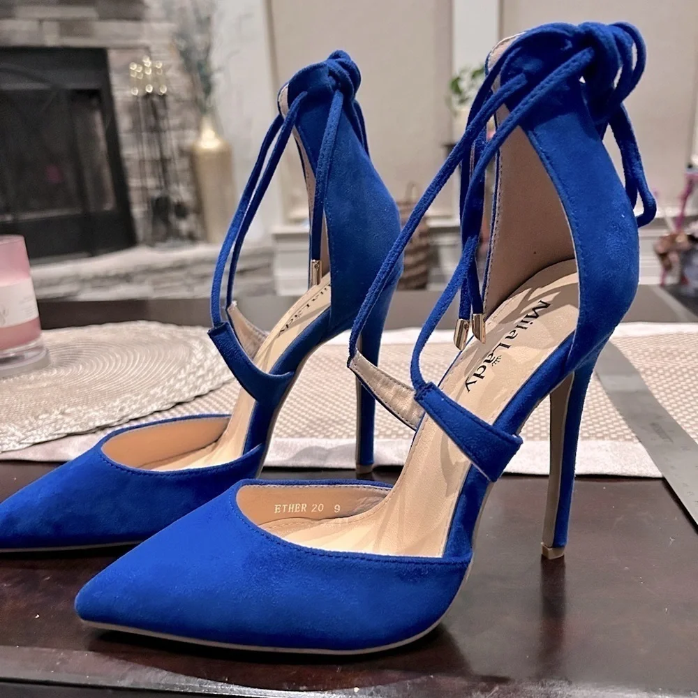 Blue suede like pointed toe stiletto pumps, tie up ankle straps, NWT sz 9